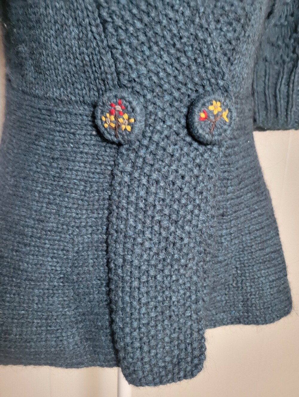 Anthropologie × Charlie & Robin Cardigan Wool Alpaca Crochet Puff Sleeve Teal SM - Picture 2 of 8